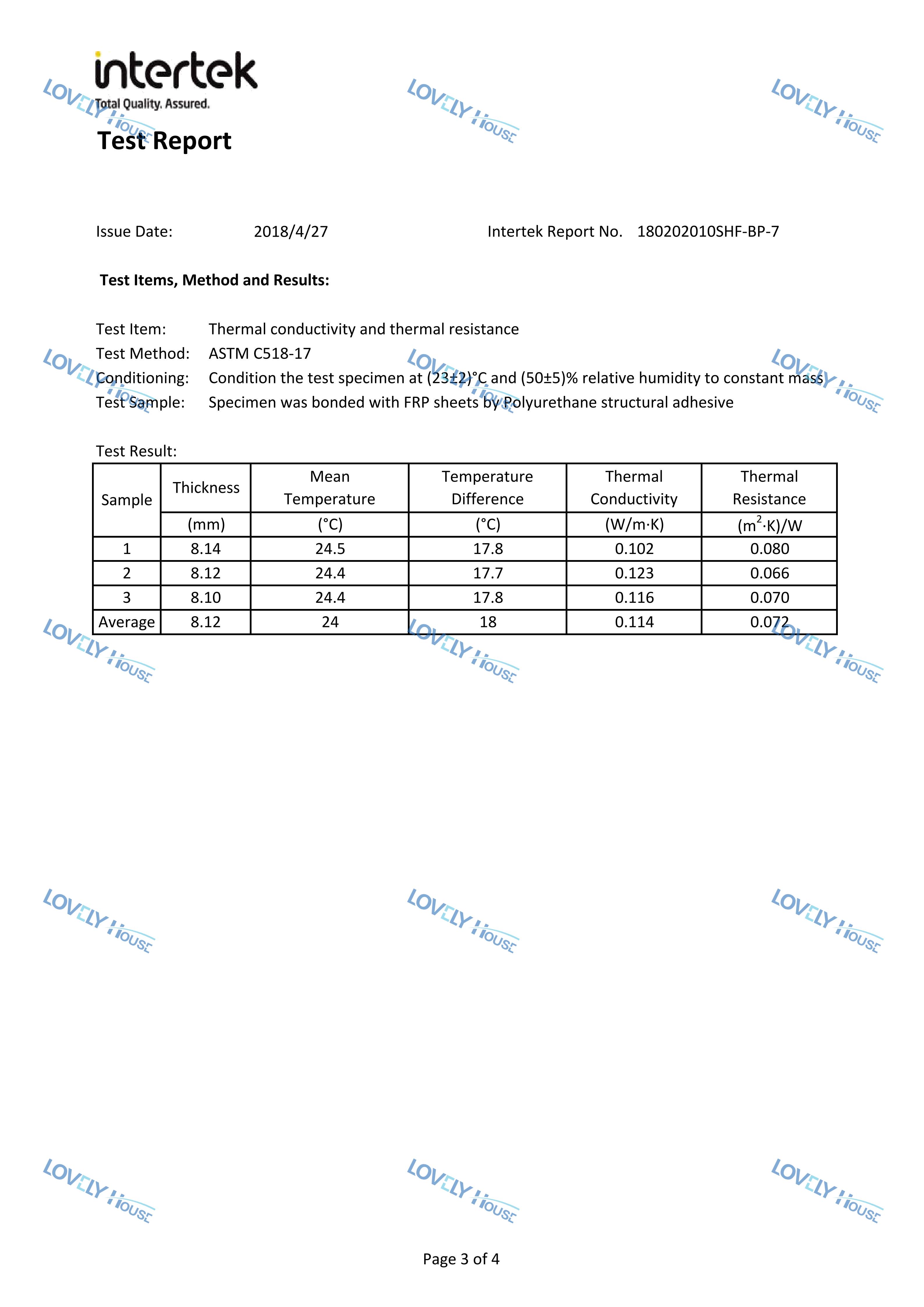 中文爱乐居玻纤聚氨酯复合材料型材导热系数检测-Intertek